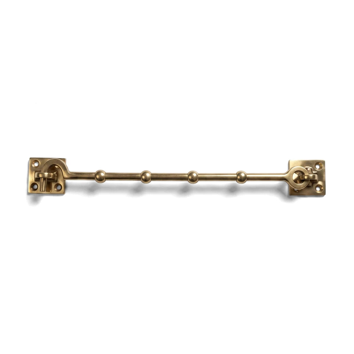 A 250mm brass cabin hook, featuring a straight rod connecting two rectangular mounting plates and four small circular