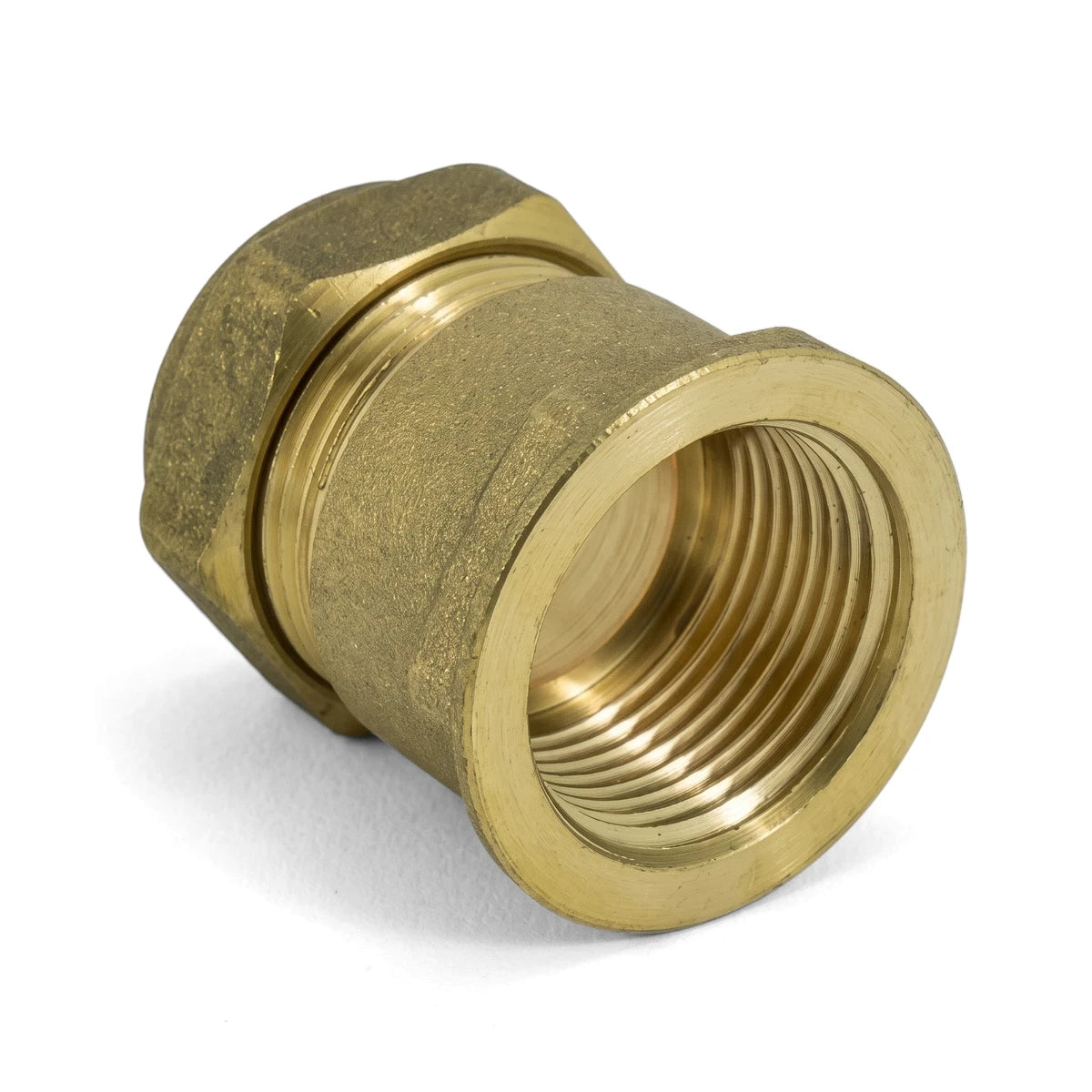 Brass compression CXFI coupler for plumbing, showing a threaded end and a hexagonal nut, angled view.