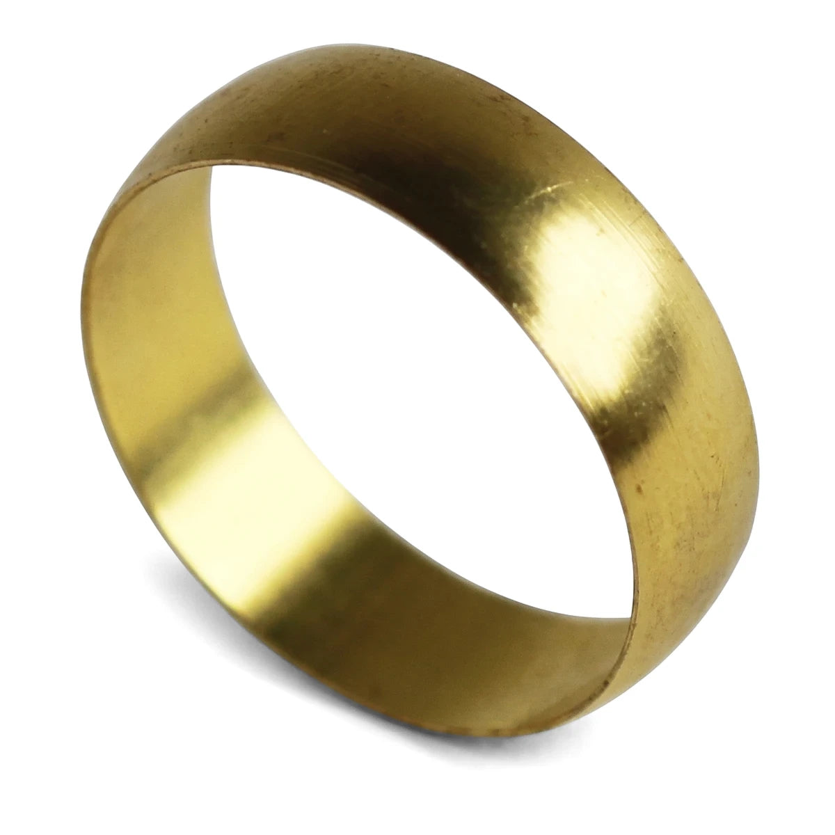 A single brass compression ring, gold and metallic, shot from an angled view on a white background.