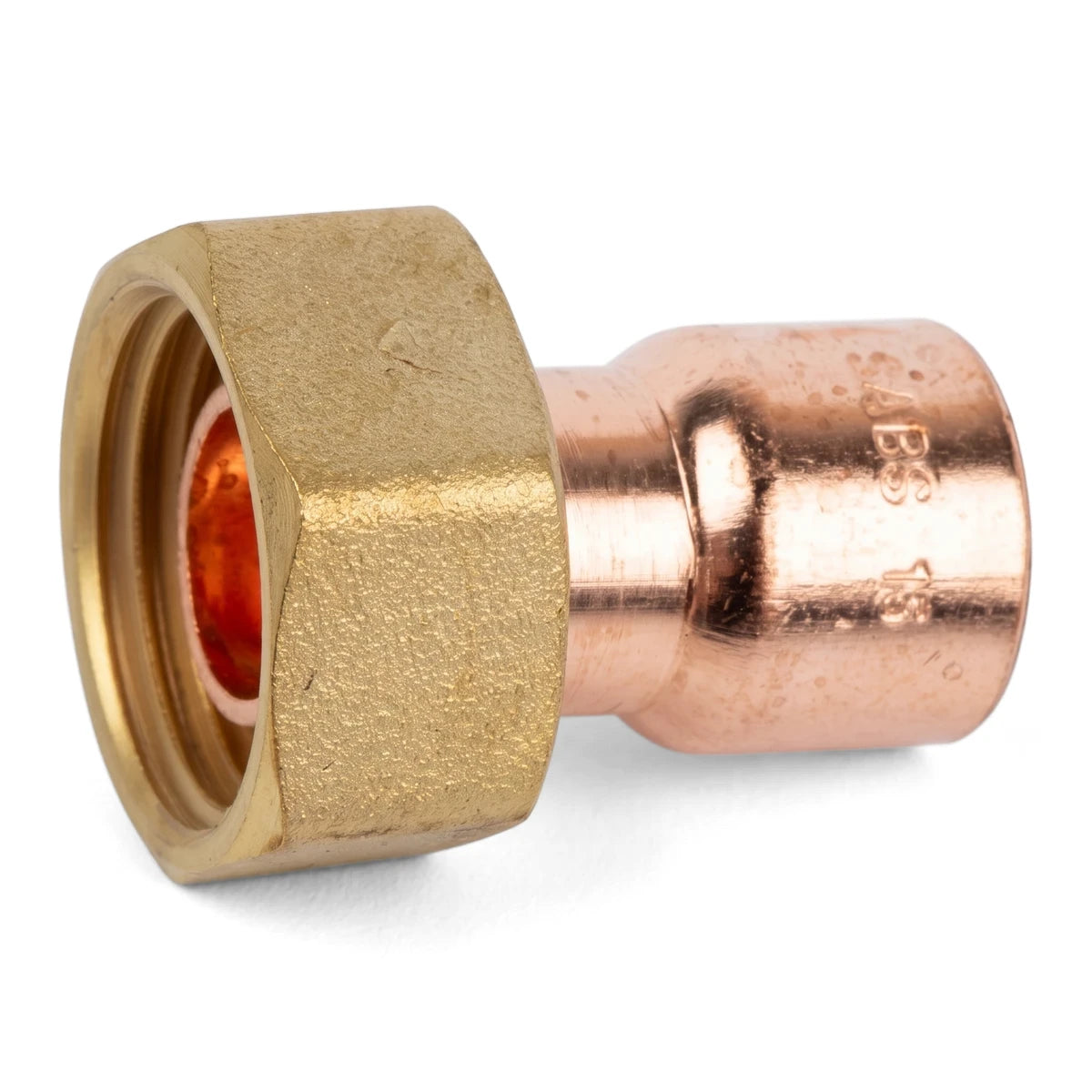 Brass and copper adaptor tap connector for plumbing applications, featuring a hexagonal nut and a copper pipe.