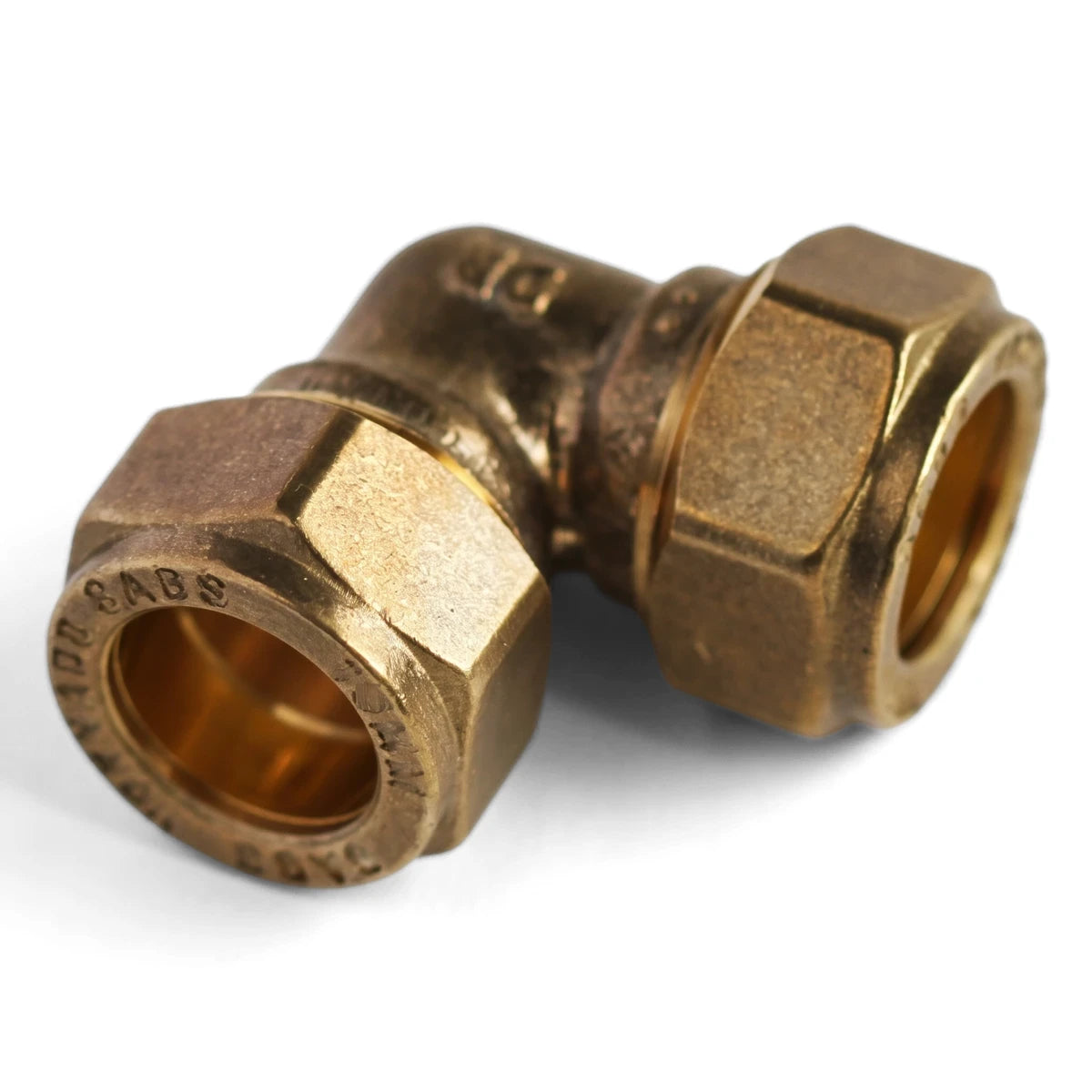 Brass CXC compression elbow fitting for plumbing, showing a 90-degree angle and hexagonal nuts.