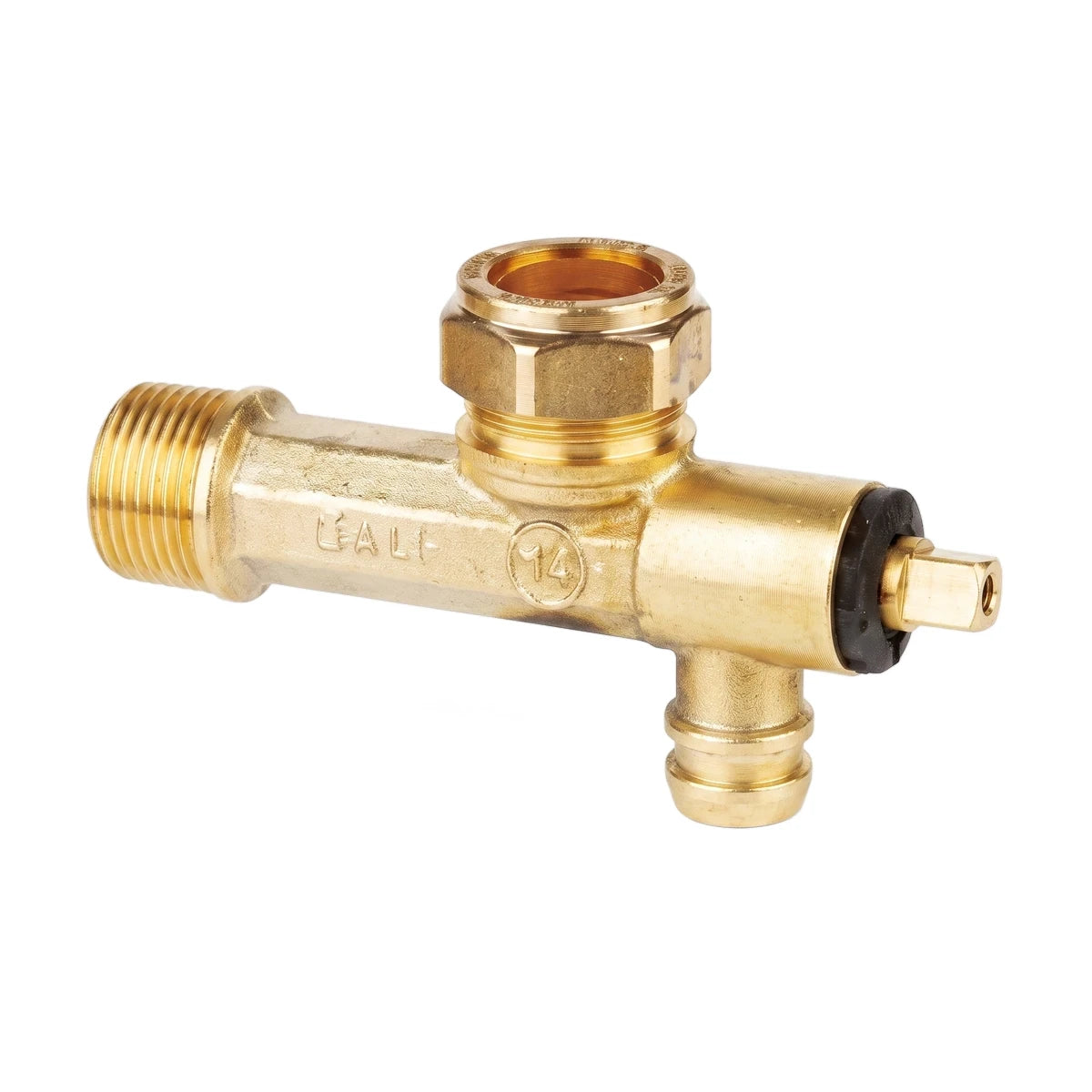 Angled view of a brass Draincock Male Drain Cock plumbing fitting, showing its threaded connections and nuts.