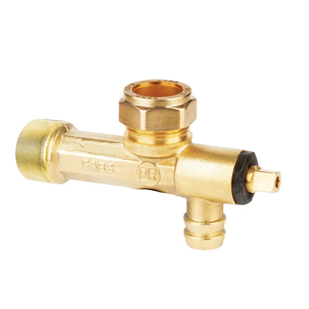 Brass female drain cock plumbing fitting with hexagonal nuts, a ribbed hose connection, and 'SABS DR' markings.