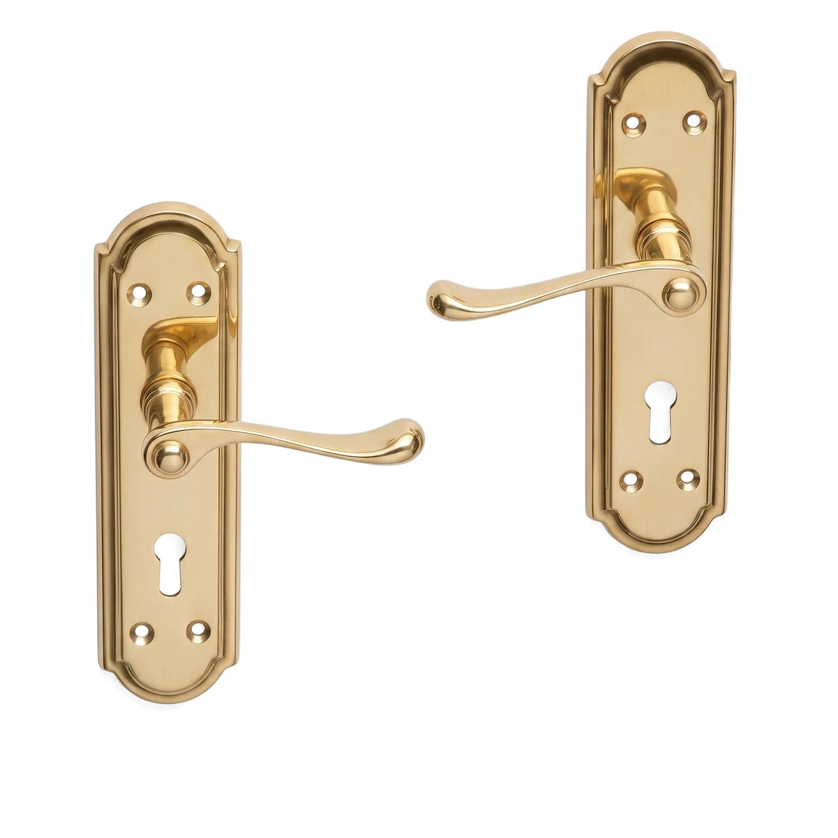 Brass Georgian Door Handle set with lever on backplate, polished brass finish, shown in front and side views