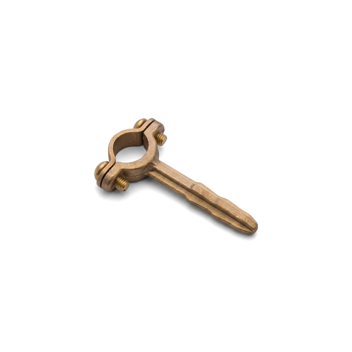 A single brass holderbat with a circular clamp and two visible screws, designed for mounting applications, displayed against
