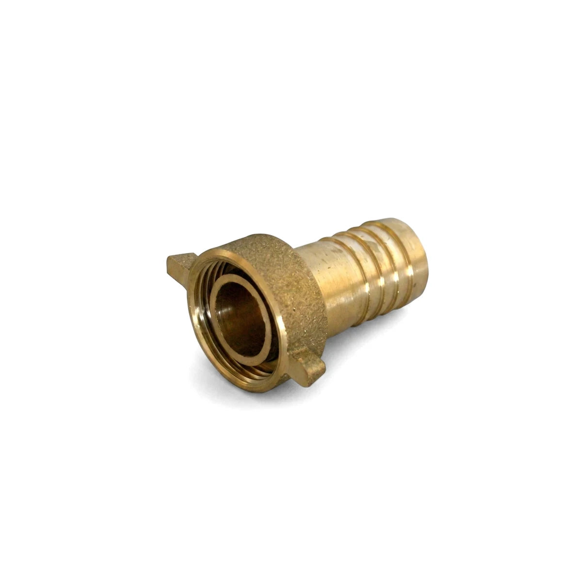 A brass hose union for hose bib, 3/4 inch by 3/4 inch, featuring a threaded coupling and barbed fitting, presented on a