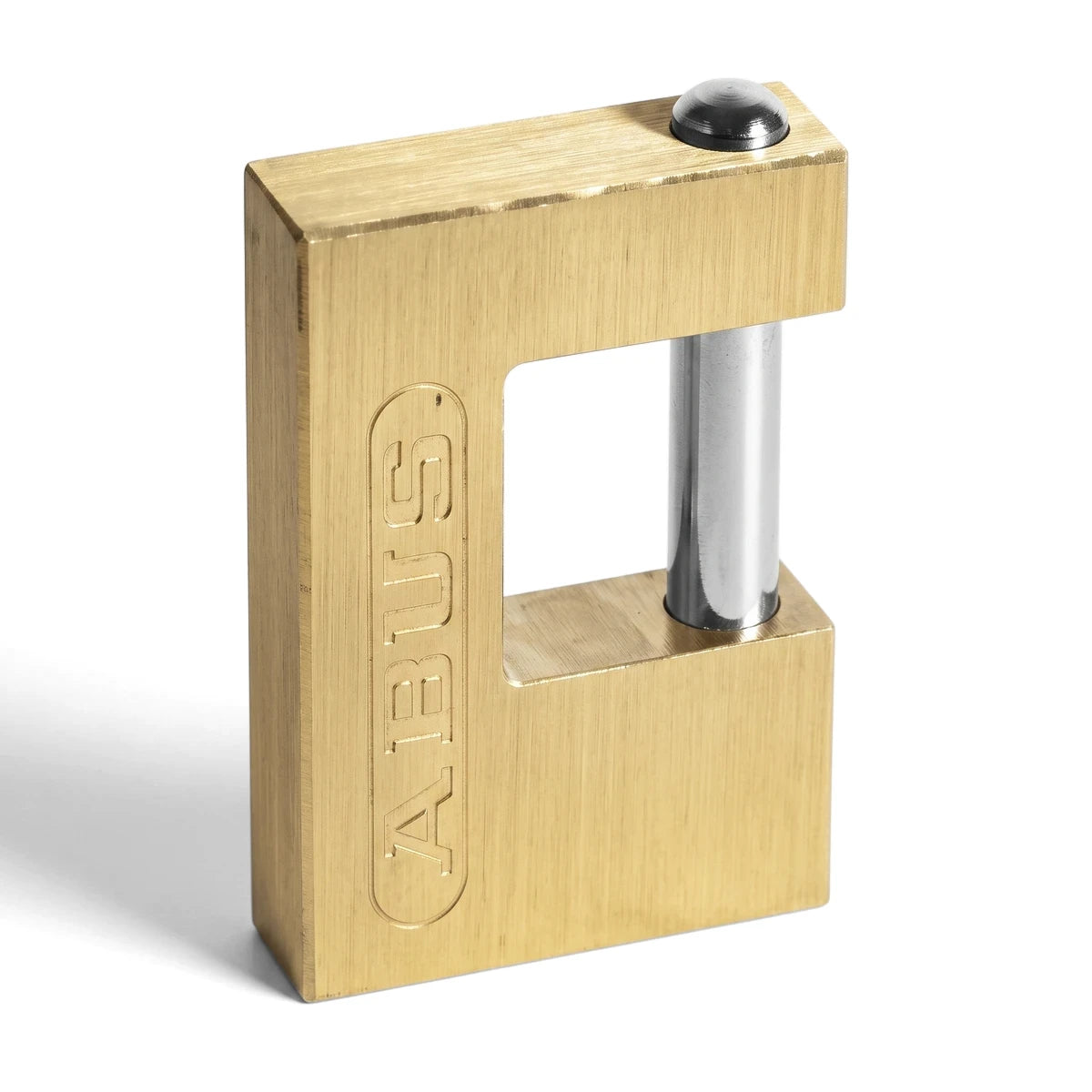 Brass Insurance Lock 900, a rectangular golden brass body with a silver shackle, viewed from a slightly elevated angle.
