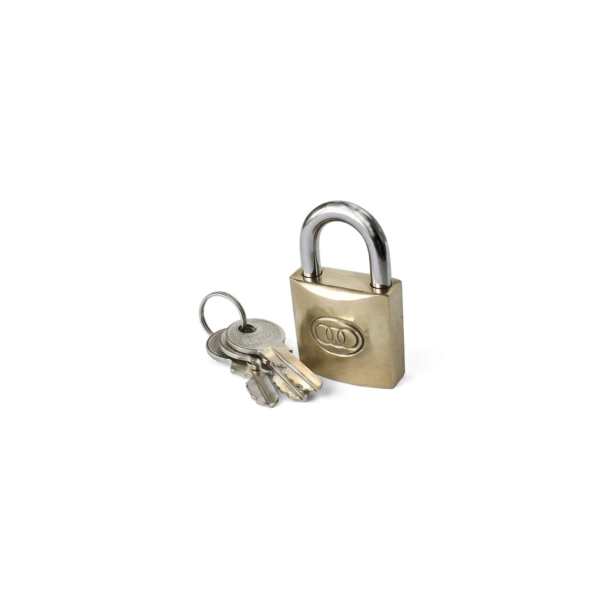 A 32mm brass keyed alike padlock with its accompanying set of silver-toned keys, presented from a clear front view.