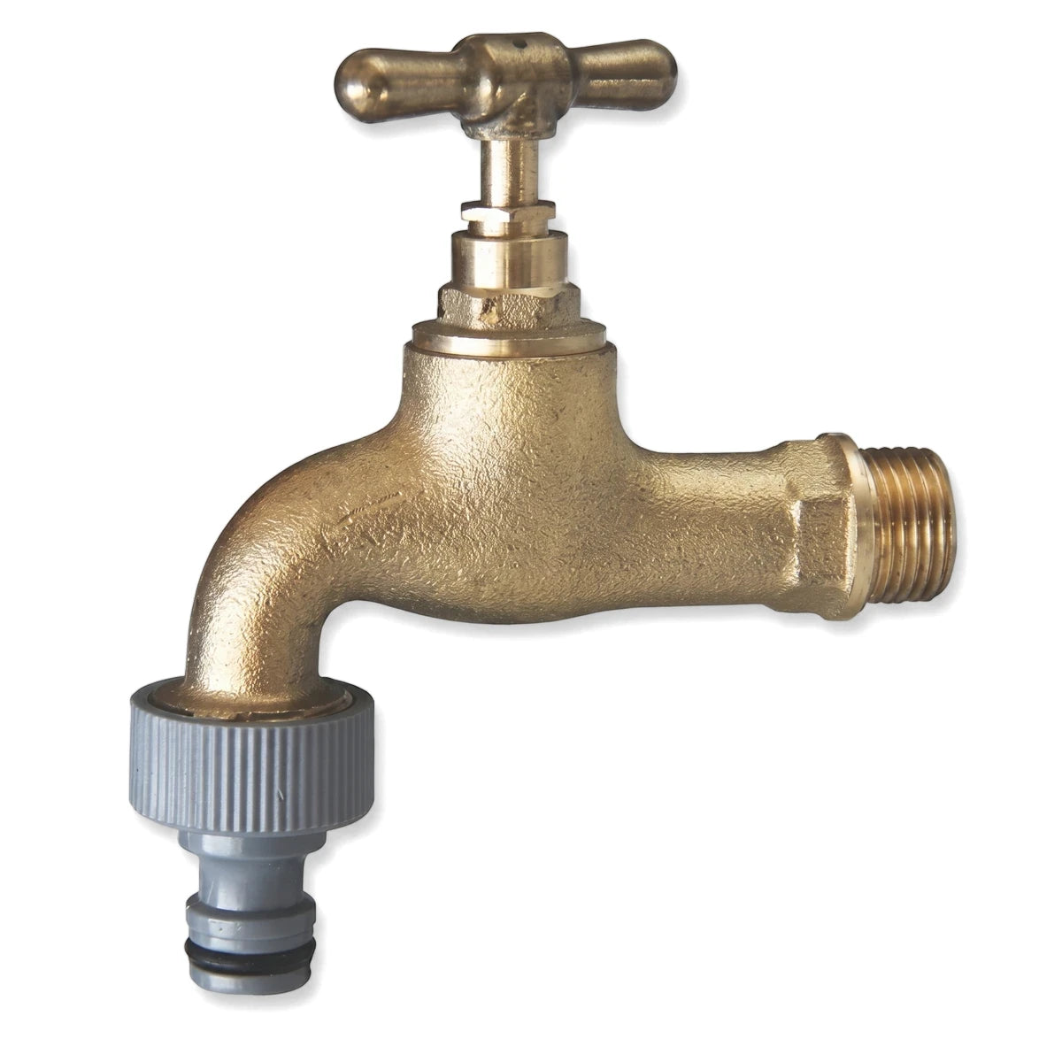 Brass low-pressure hose bib tap with a T-handle and gray hose connector, isolated on a white background.
