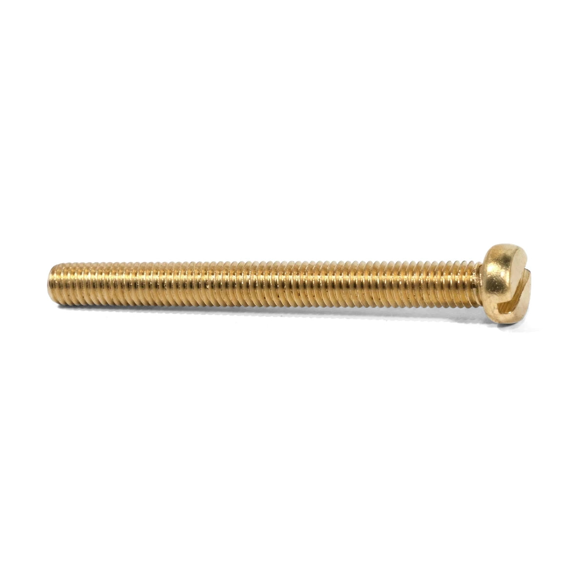 A single brass machine screw with a slotted round head and fully threaded shaft, displayed horizontally on a white