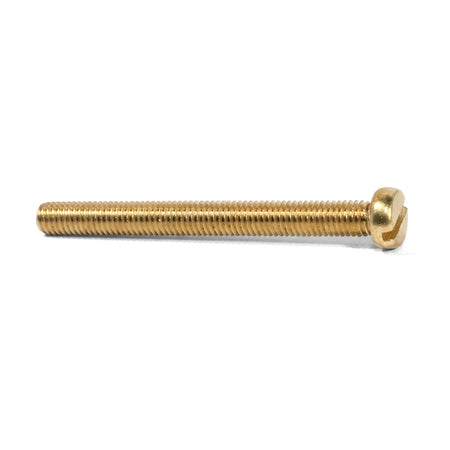 A single brass machine screw with a slotted round head and fully threaded shaft, displayed horizontally on a white