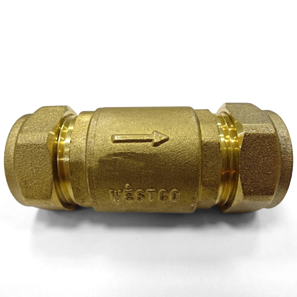 Brass non-return valve with 28mm compression fittings and Westco branding, shown in a straight-on view.