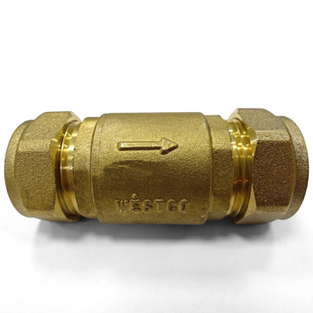 Brass non-return valve with 28mm compression fittings and Westco branding, shown in a straight-on view.