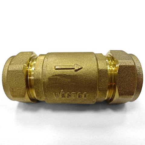 Brass non-return valve with 28mm compression fittings and Westco branding, shown in a straight-on view.