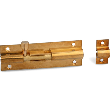Brass plated 100mm straight barrel bolt and catch set, ideal for securing doors and gates, viewed from a slightly elevated