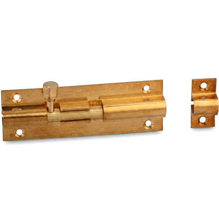 Brass plated 150mm straight barrel bolt with a hexagonal knob and a separate keeper, shown horizontally.