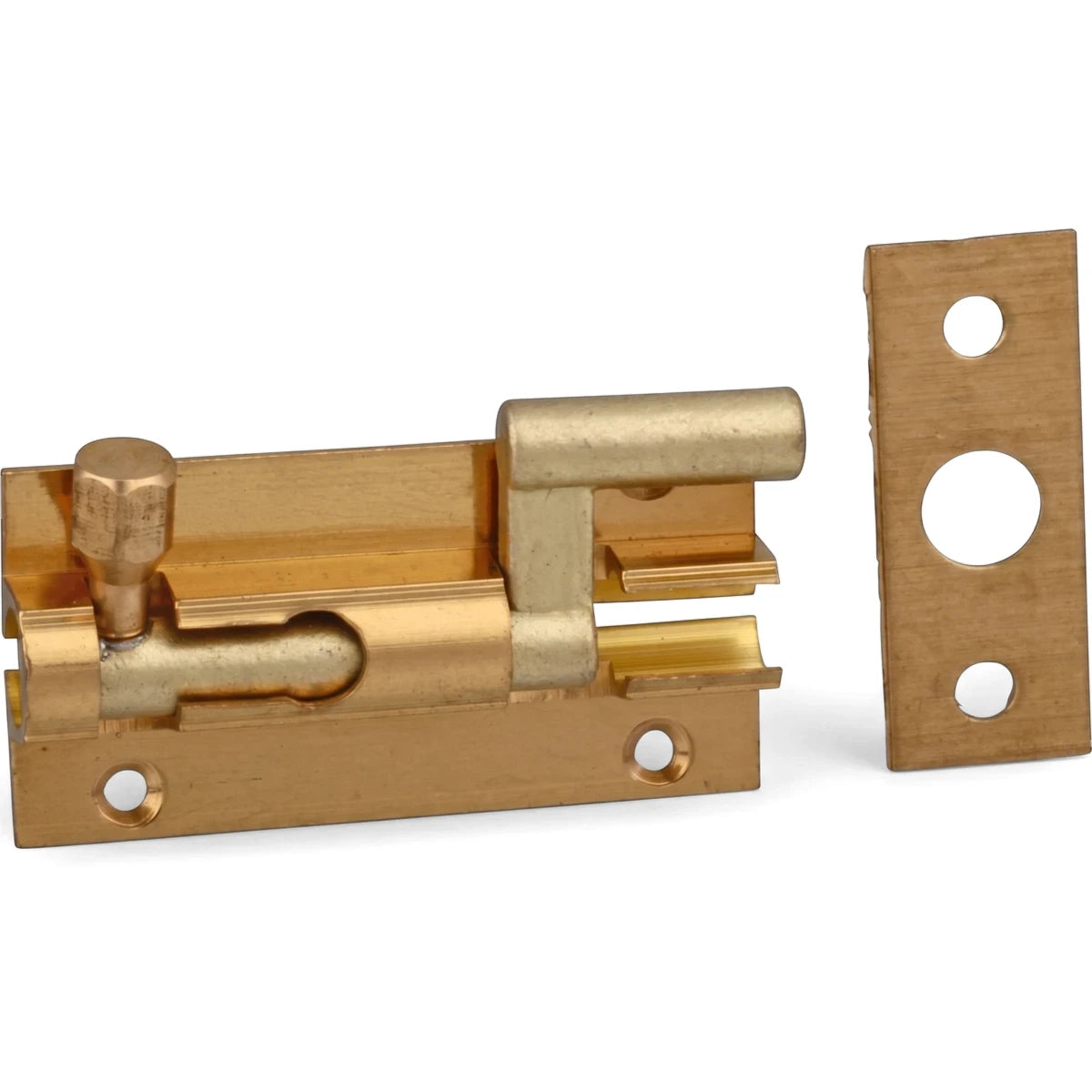 A single brass-plated 50mm necked barrel bolt and its strike plate shown side-by-side on a white background.