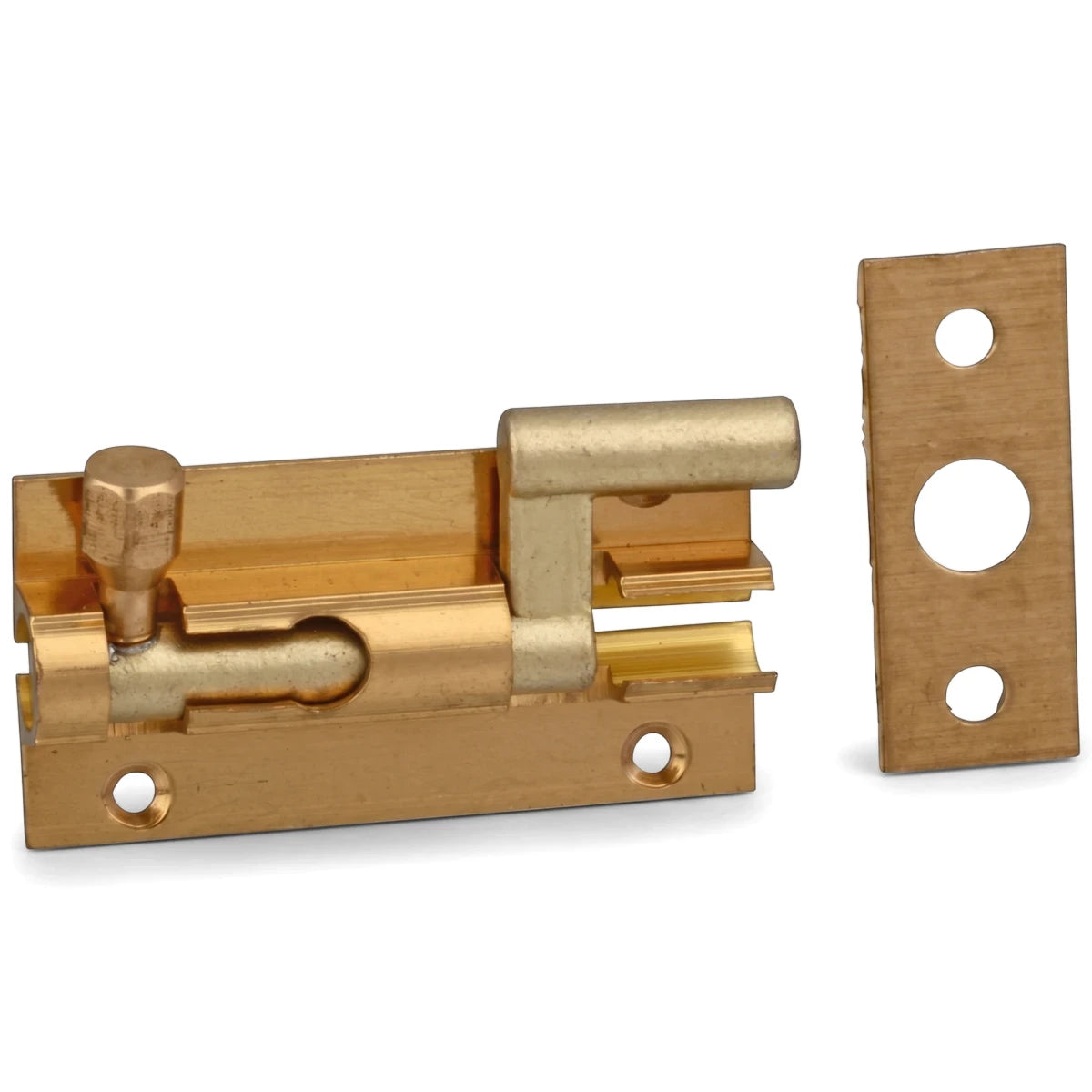 Brass plated 75mm necked barrel bolt with a separate keeper, shown against a white background, highlighting its secure