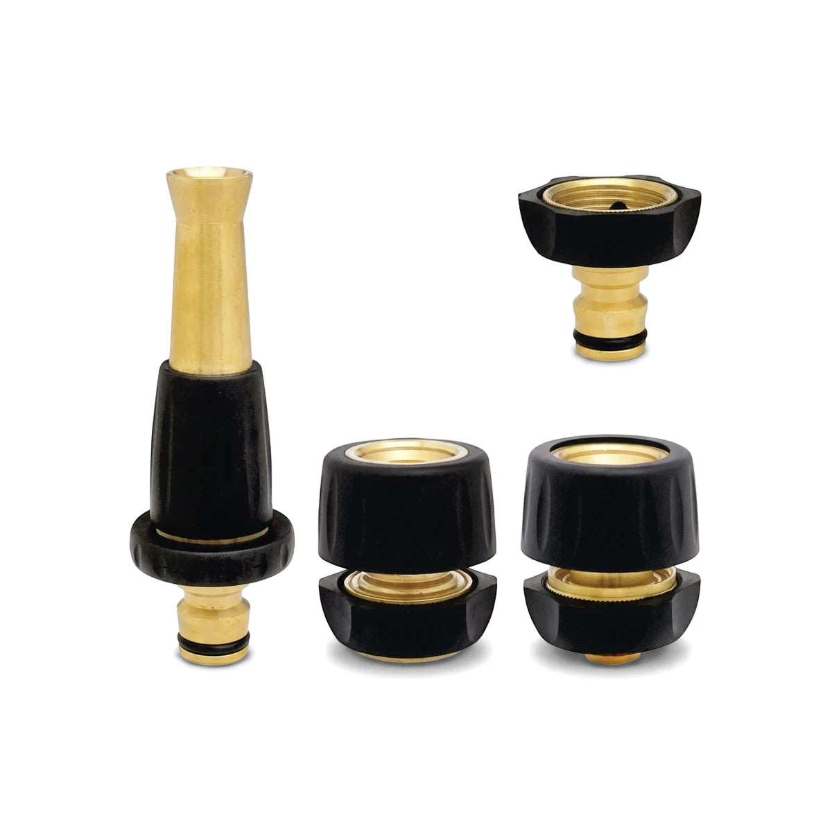 A four-piece brass and black rubber garden hose kit, featuring a nozzle, two hose connectors, and a threaded adapter,