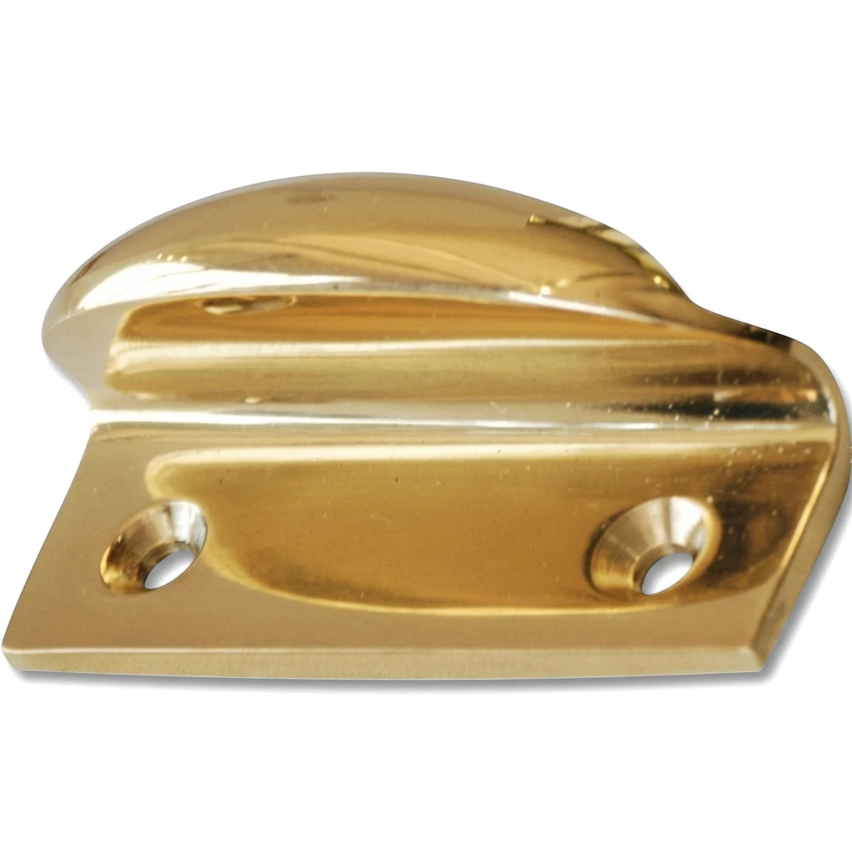 A golden polished brass sash window lift featuring a curved handle and two screw holes for mounting.