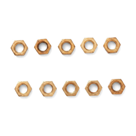 Brass Screws & Nuts Nut Brass hex nuts in gold tone finish, set of twelve, shown from top view for fastening.