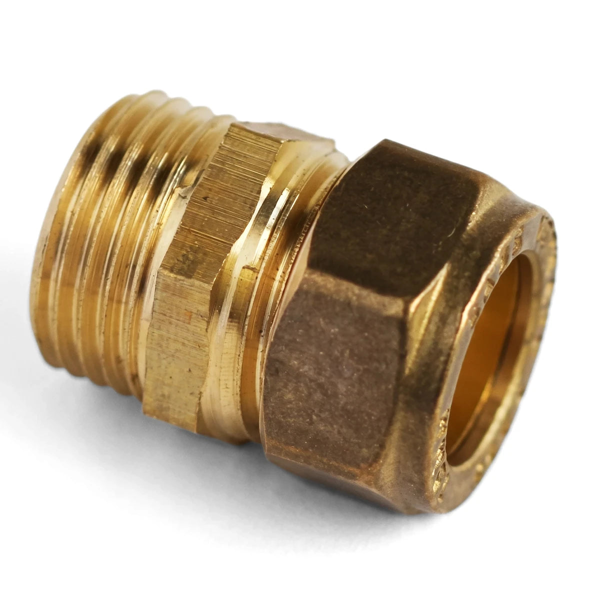 A brass straight CXMI coupler, a plumbing fitting, is shown from an angled perspective, highlighting its threaded end and