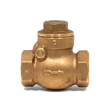Brass swing check valve with threaded ends and an embossed flow indicator arrow, designed for plumbing applications.