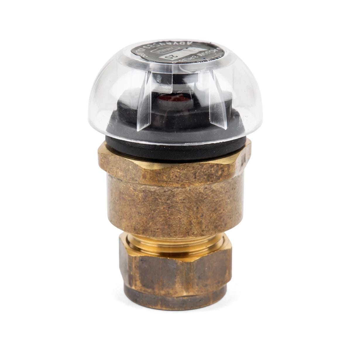 Brass vacuum breaker with a clear plastic dome, used for plumbing, shown vertically on a white background.