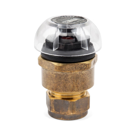 Brass vacuum breaker with a clear plastic dome, used for plumbing, shown vertically on a white background.