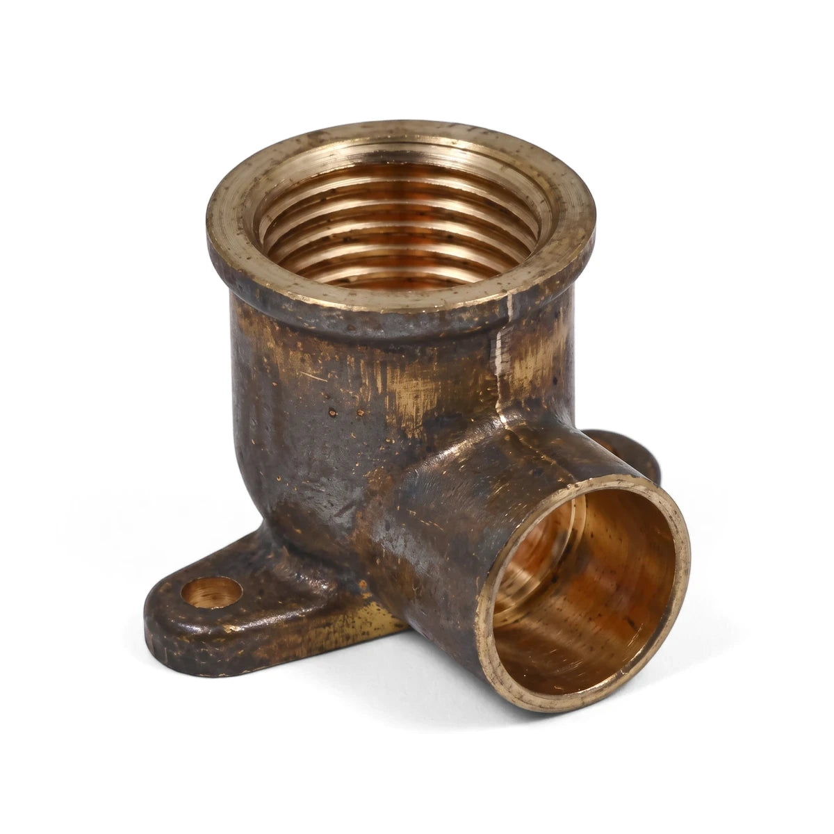 A brass Wallplate CXFI 2 Piece Elbow pipe fitting, featuring a threaded opening at the top and a side outlet, displayed on a