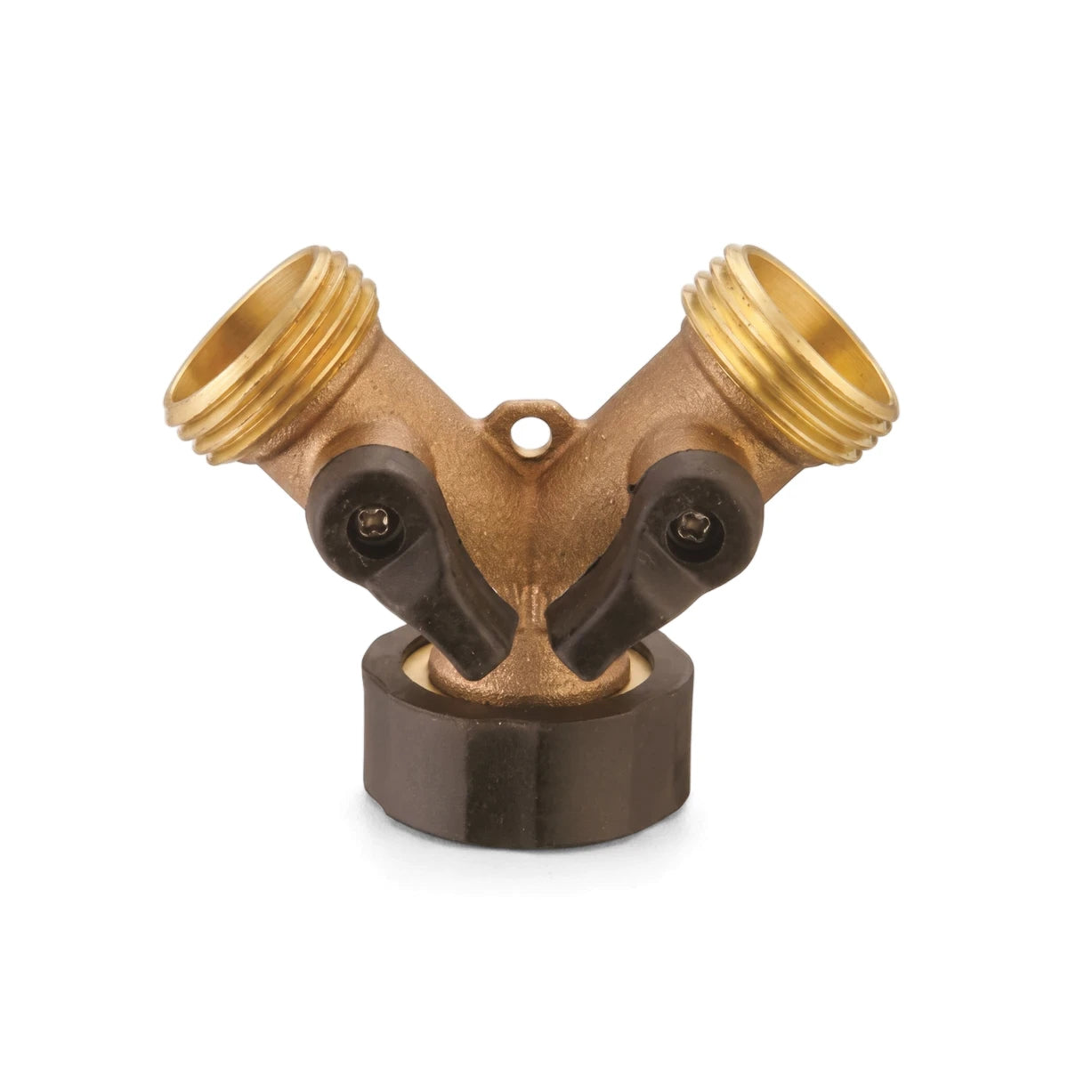 Brass Y-piece adapter with two lever handles for garden hose connections, featuring a durable brass body and black plastic
