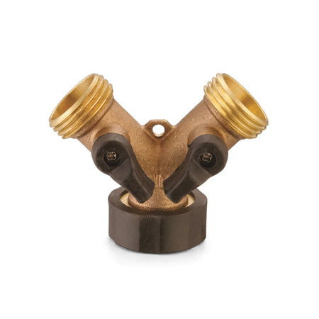 Brass Y-piece adapter with two lever handles for garden hose connections, featuring a durable brass body and black plastic