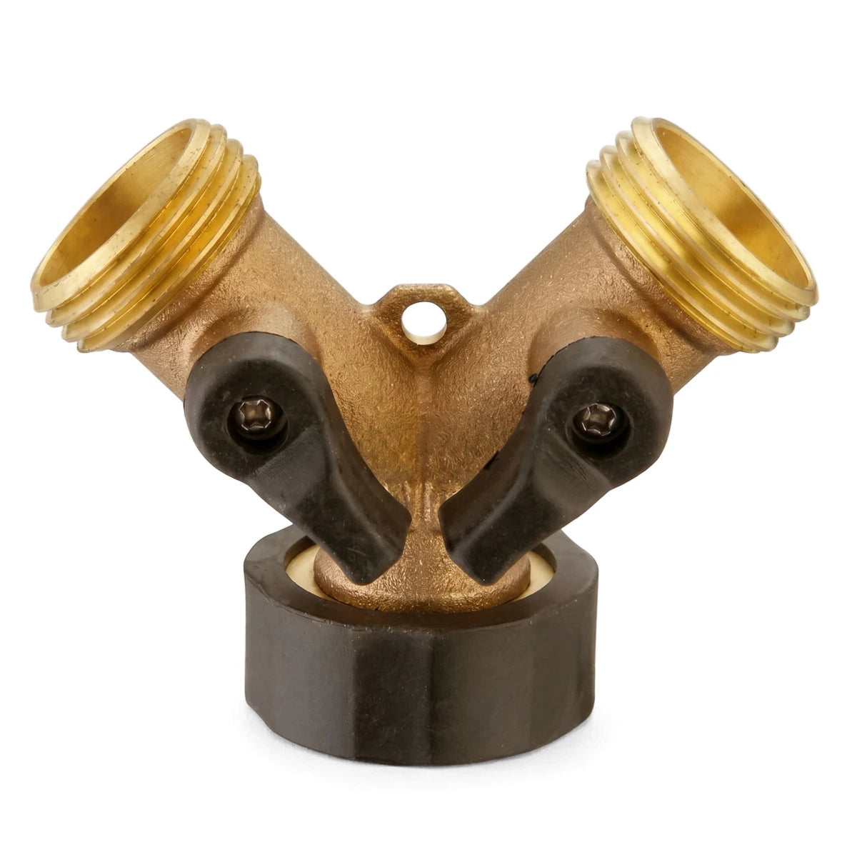 Brass Y-piece adapter, a two-way garden hose splitter with individual black shut-off valves and threaded connections.