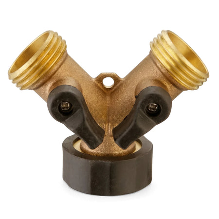 Brass Y-piece adapter, a two-way garden hose splitter with individual black shut-off valves and threaded connections.