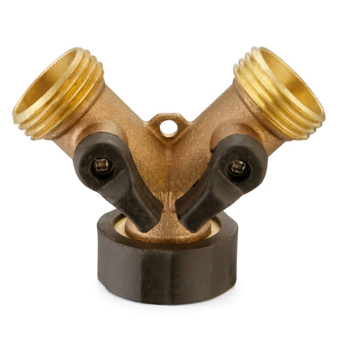 Brass Y-piece adapter, a two-way garden hose splitter with individual black shut-off valves and threaded connections.