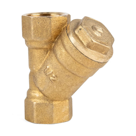 Close-up of a golden brass Y-strainer, a 15mm (1/2 inch) plumbing fitting, shown against a white background.