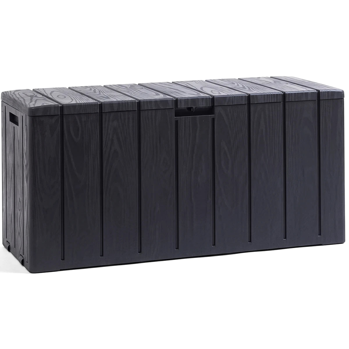 Dark gray Bravo outdoor storage box, 270 liter capacity, with wood-grain texture and a slatted design, shown from a