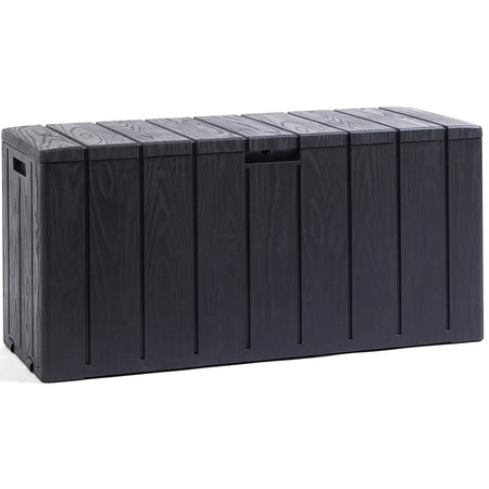 Dark gray Bravo outdoor storage box, 270 liter capacity, with wood-grain texture and a slatted design, shown from a