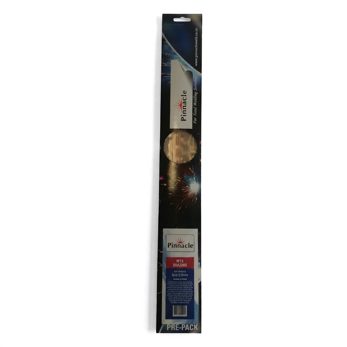 Brazing Rod M15 2.0mm in Pinnacle pre-pack, front view of long metal brazing rod in blister card