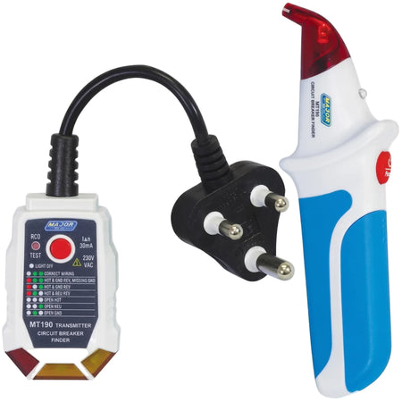 Breaker Finder 200V Circuit Tracer, a white and blue handheld receiver and a white transmitter with a black 3-pin plug.