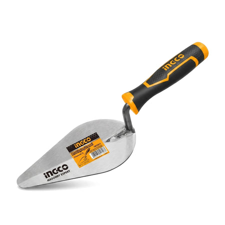 Brick trowel with plastic handle 250mm, stainless steel pointed blade and black yellow grip shown side view.