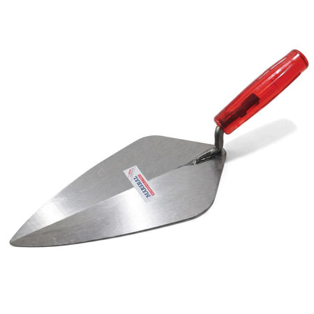A silver brick trowel with a pointed blade and a translucent red plastic handle for masonry and construction work.