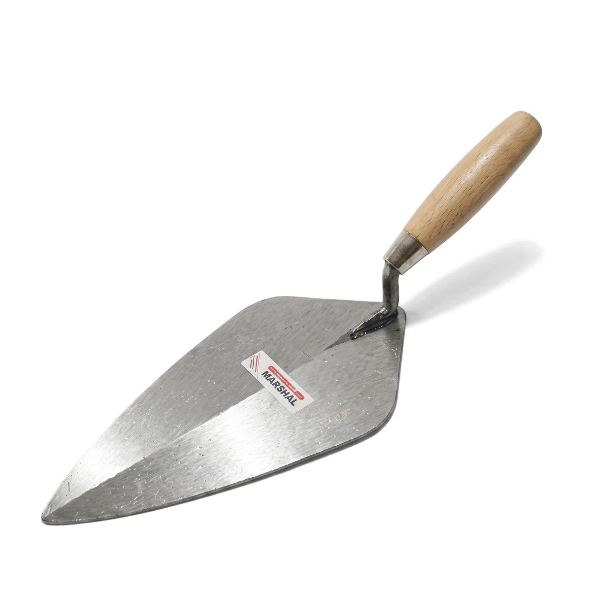 Silver metal brick trowel with a light brown wooden handle, shown at an angle, for masonry and construction.