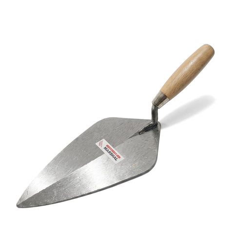 Silver metal brick trowel with a light brown wooden handle, shown at an angle, for masonry and construction.