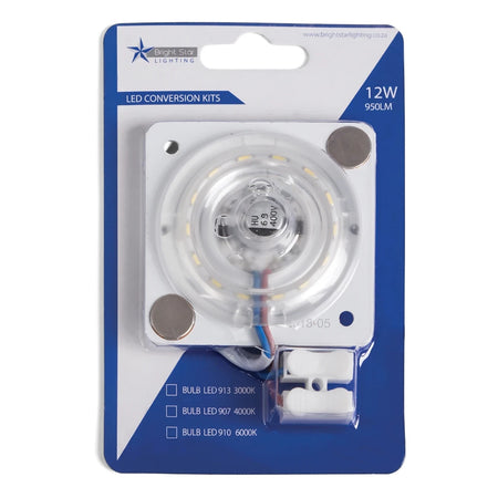Bright Star Lighting 12W 950LM LED ceiling light conversion kit in clear blister packaging on a white background.