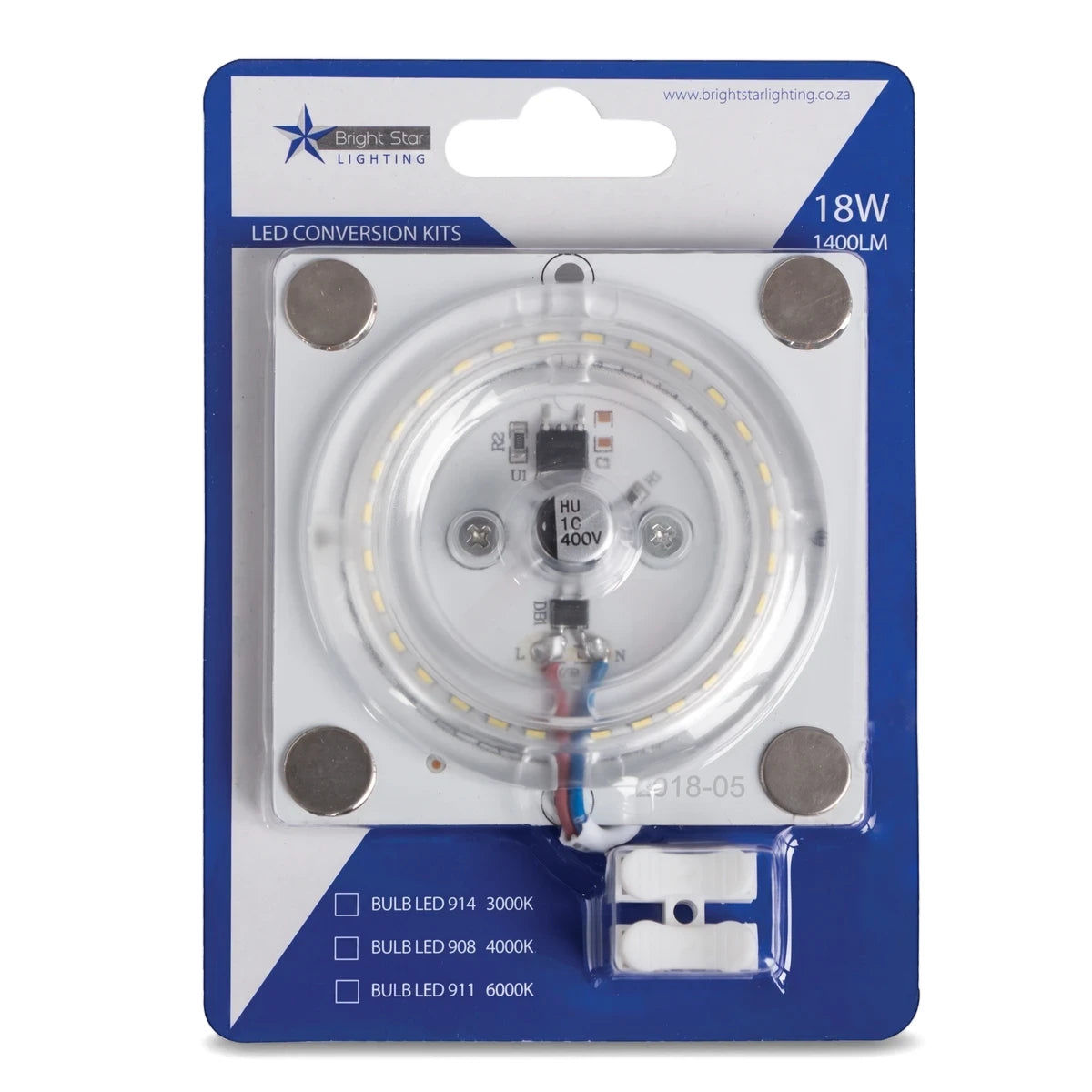 Bright Star Lighting 18W LED ceiling light conversion kit in blue and white blister packaging, featuring 1400 lumens and