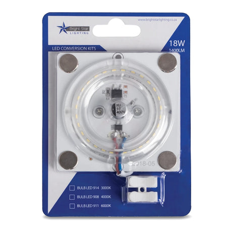 Bright Star Lighting 18W LED ceiling light conversion kit in blue and white blister packaging, featuring 1400 lumens and
