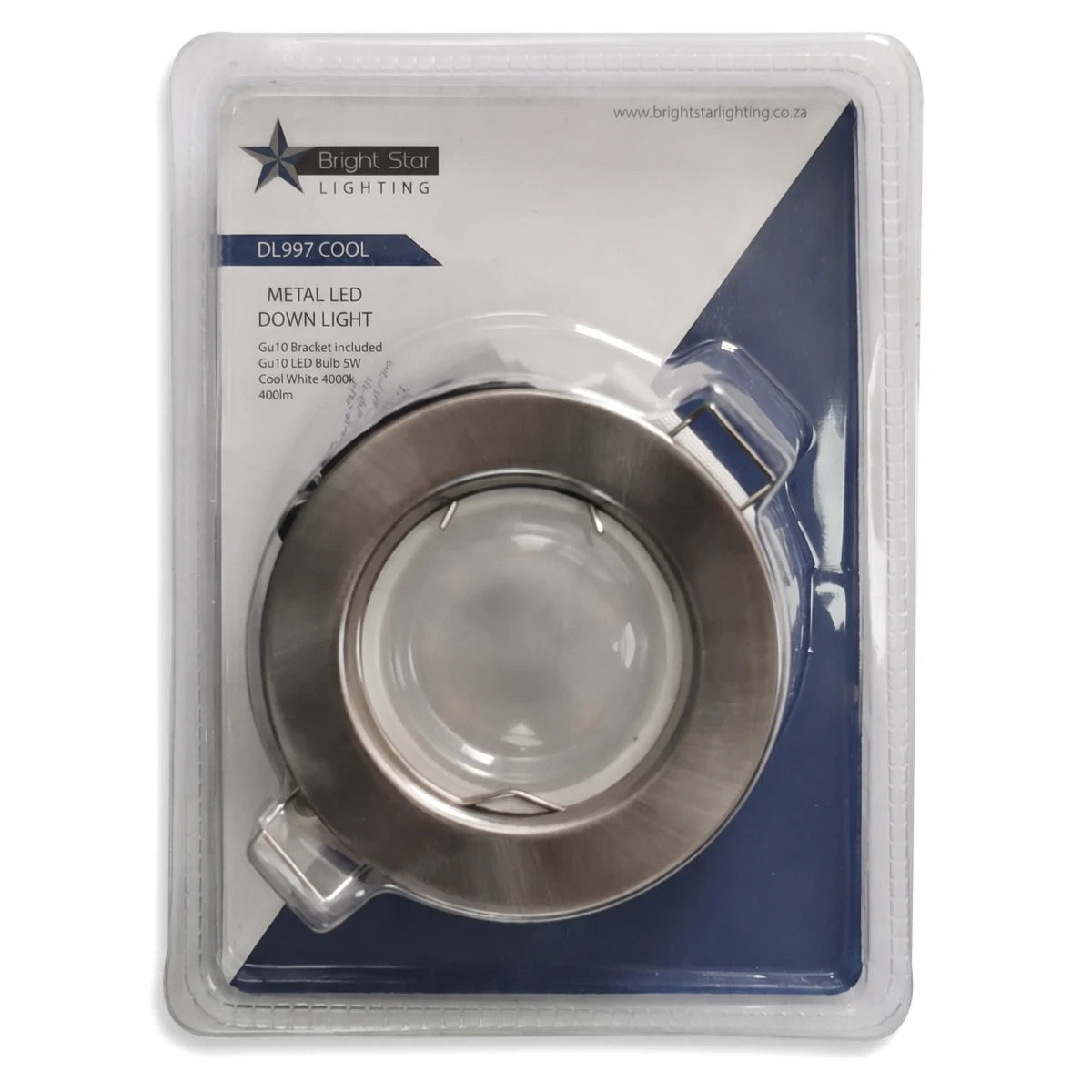 Bright Star Lighting DL997 COOL Metal LED Downlight Kit in transparent blister packaging, showing specifications and brand