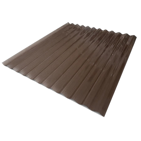 Angled view of a bronze corrugated polycarbonate roof sheet, highlighting its wavy profile and translucent appearance,