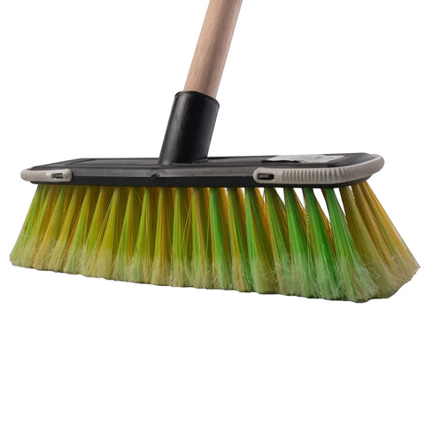 Close-up of a BROOM SCREW FIT FLAGGED with vibrant yellow and green bristles, a black plastic head, and a natural wooden